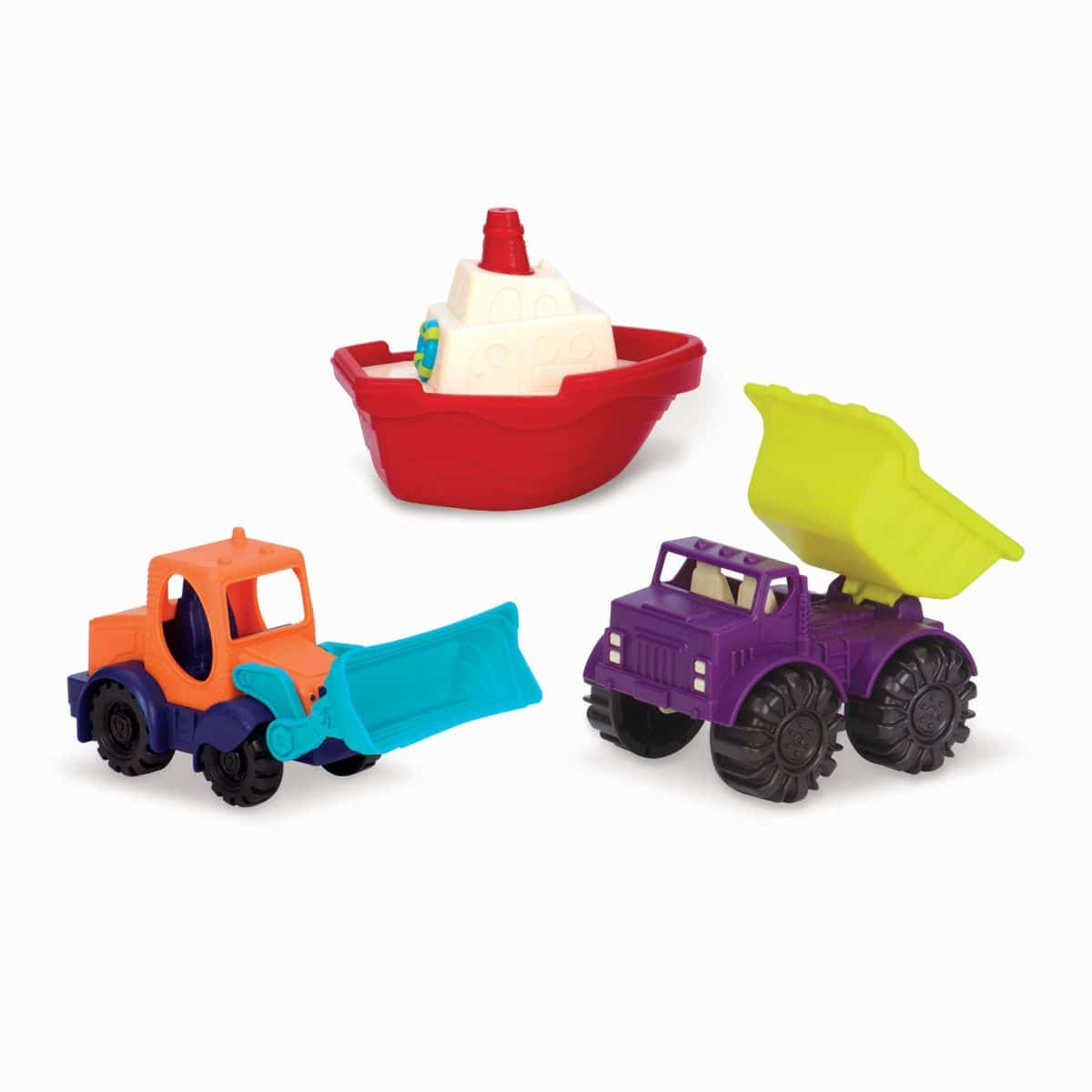 Mini toy trucks and boat.