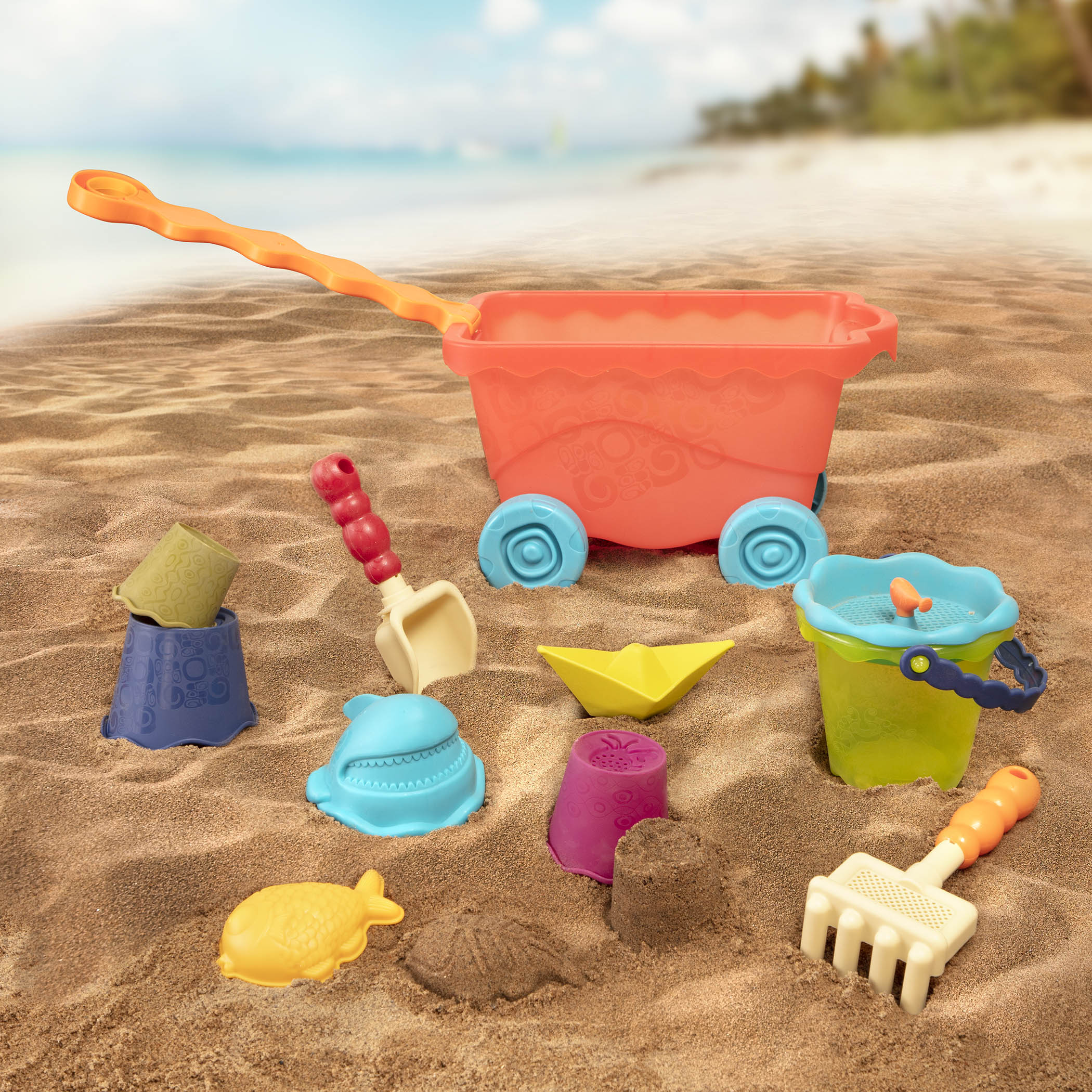 Beach toys and translucent red wagon