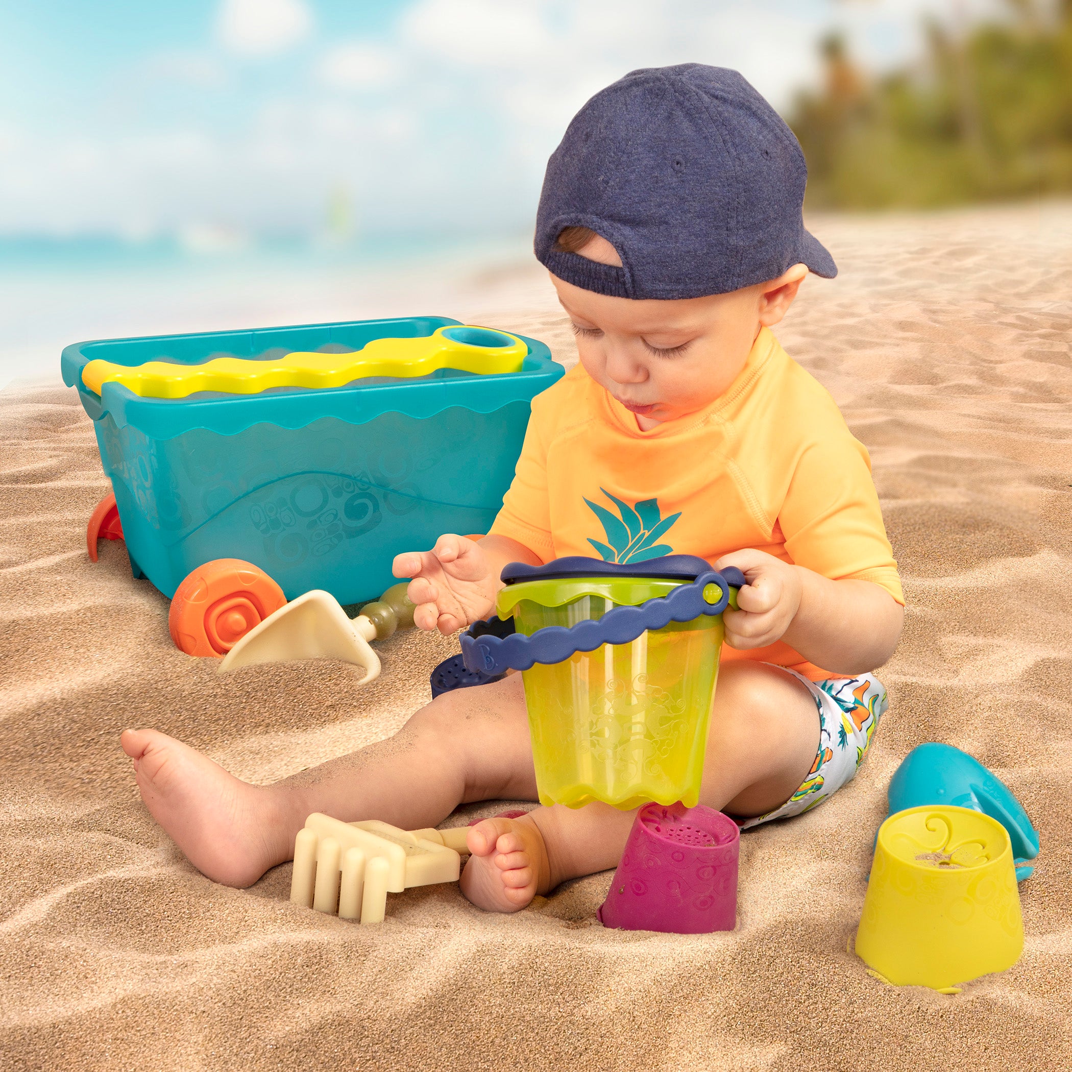 Beach toys and translucent blue wagon