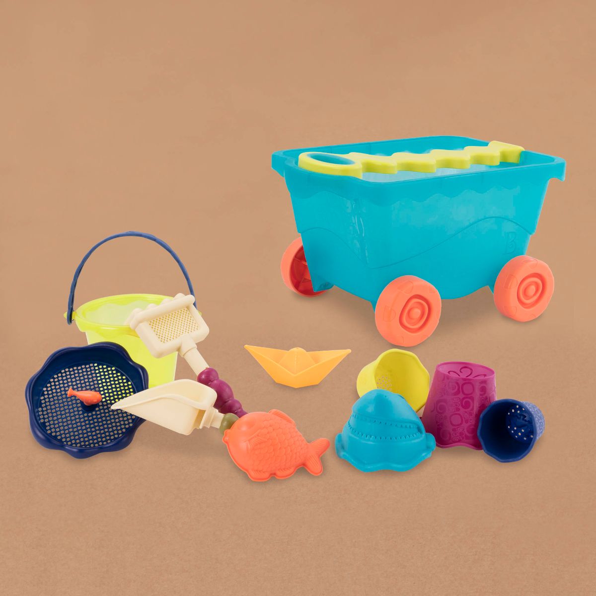 Beach toys and translucent blue wagon