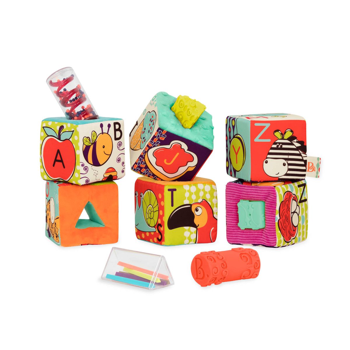 Six fabric alphabet blocks with inserts