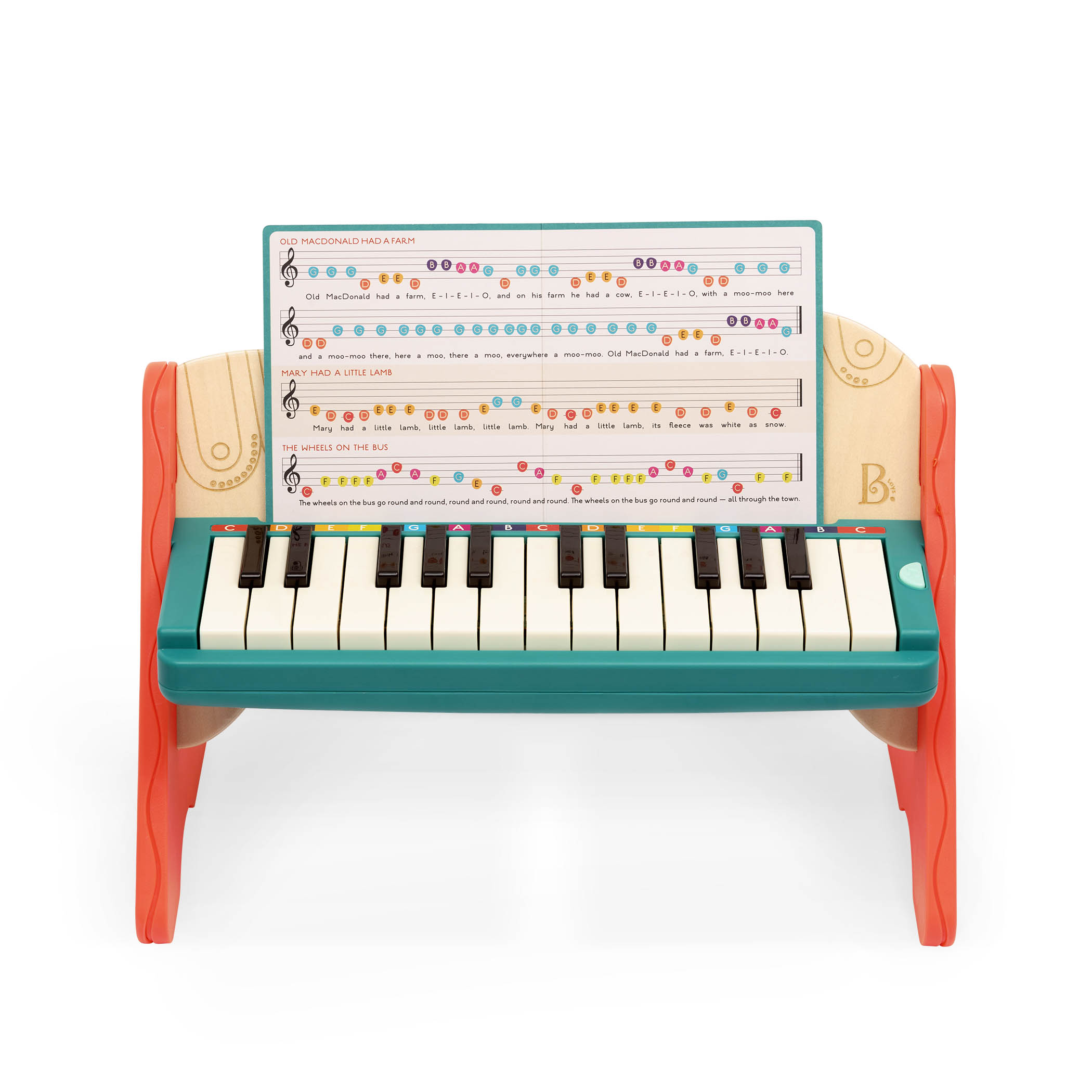 Wooden toy piano with songbook.