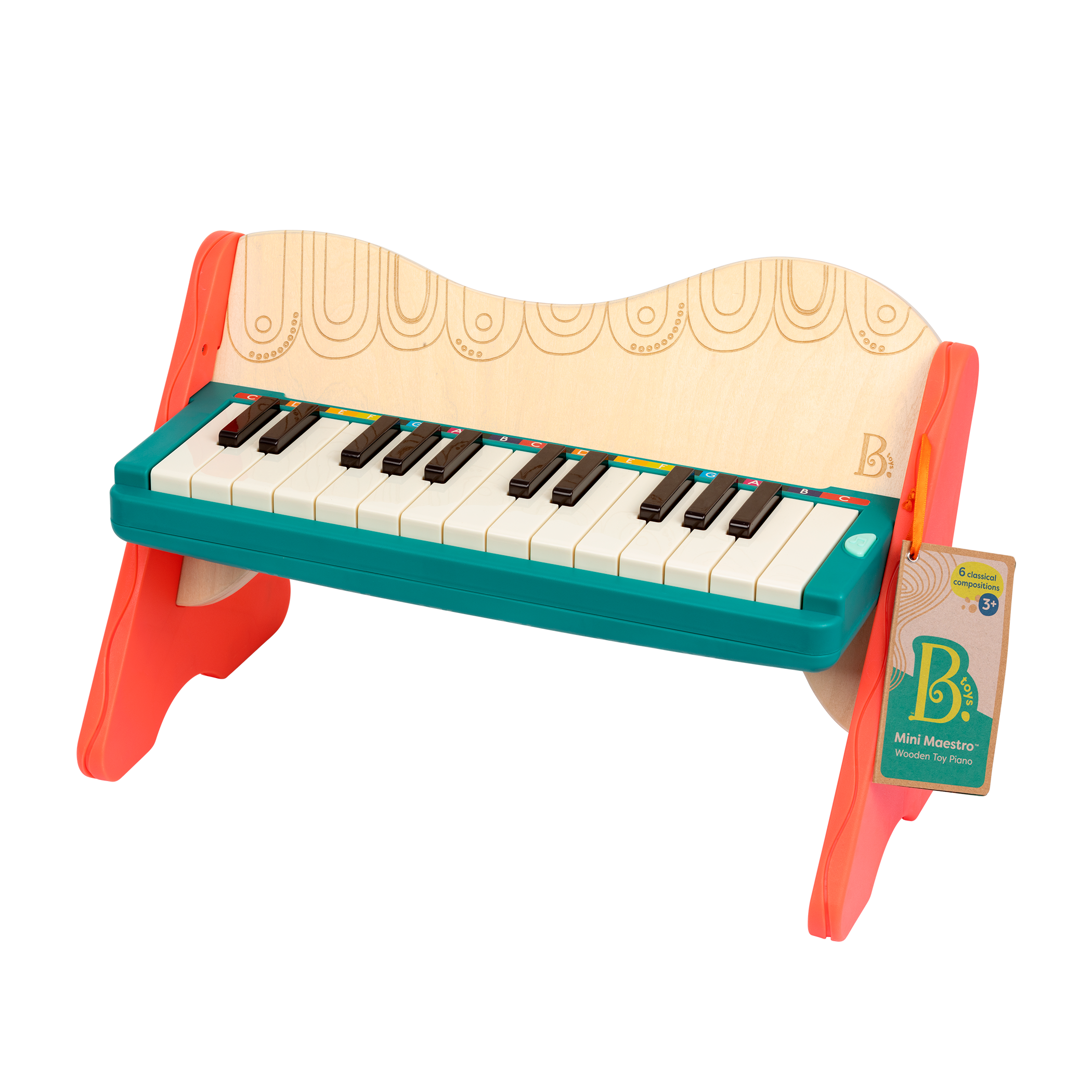 Wooden toy piano with songbook.