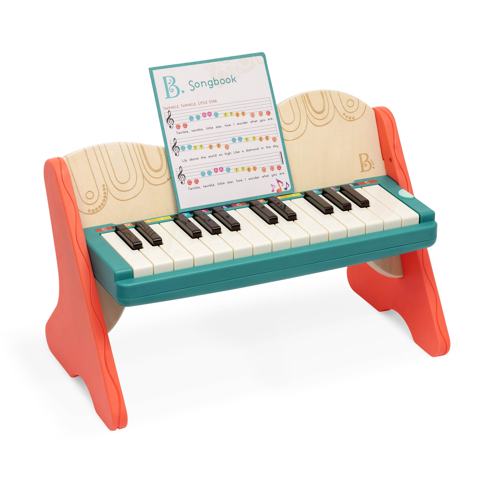 Wooden toy piano with songbook.