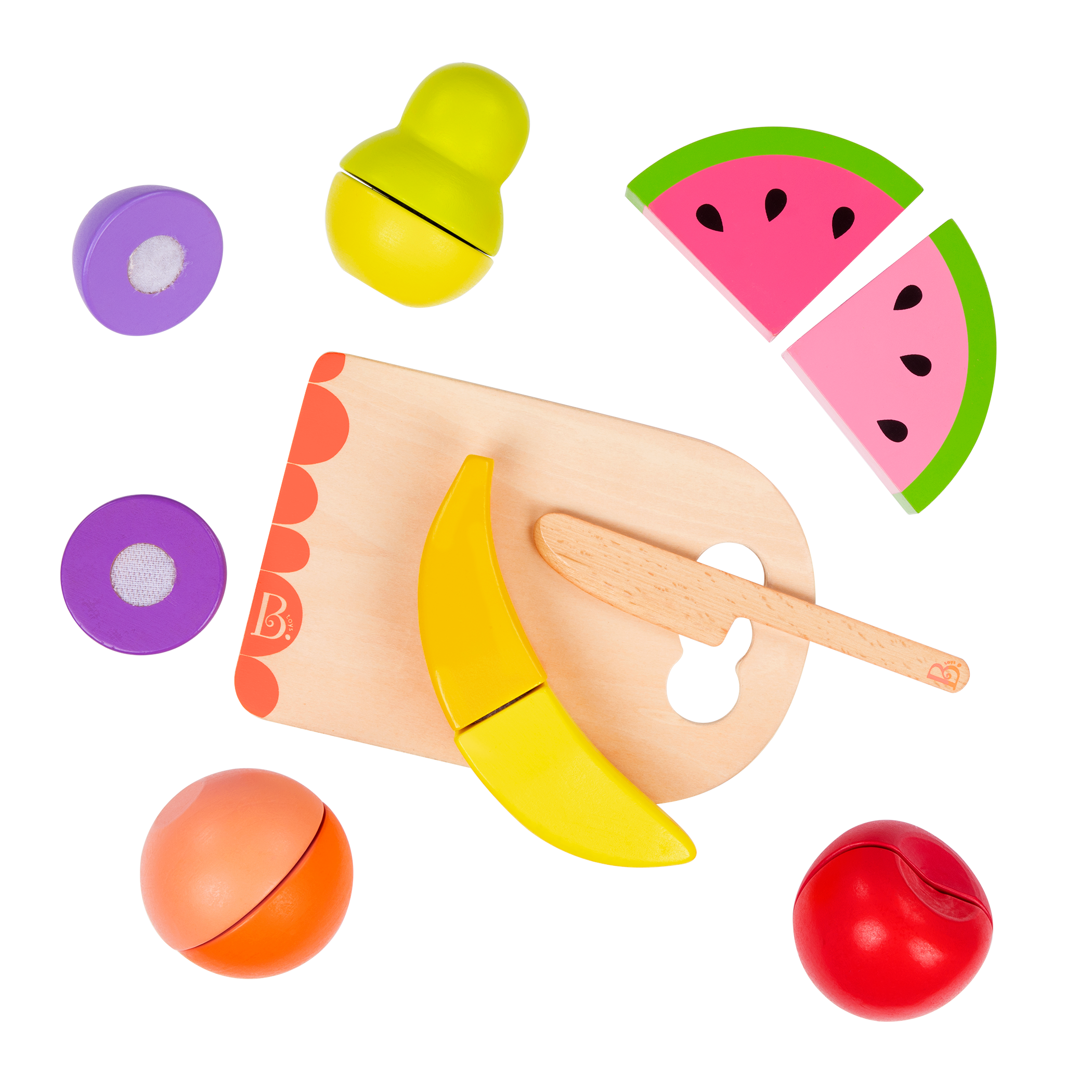 Wooden toy fruits.