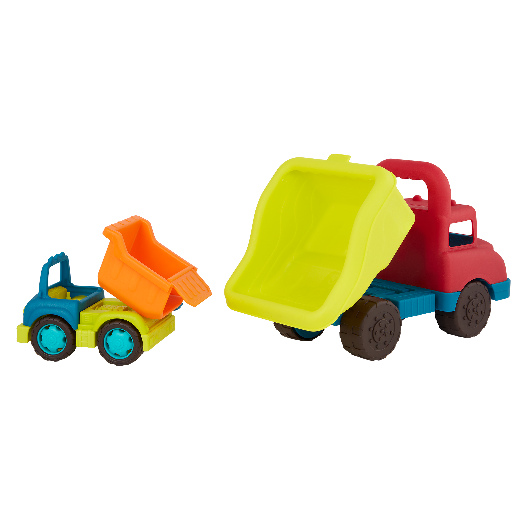 Large toy dump truck and small toy dump truck.