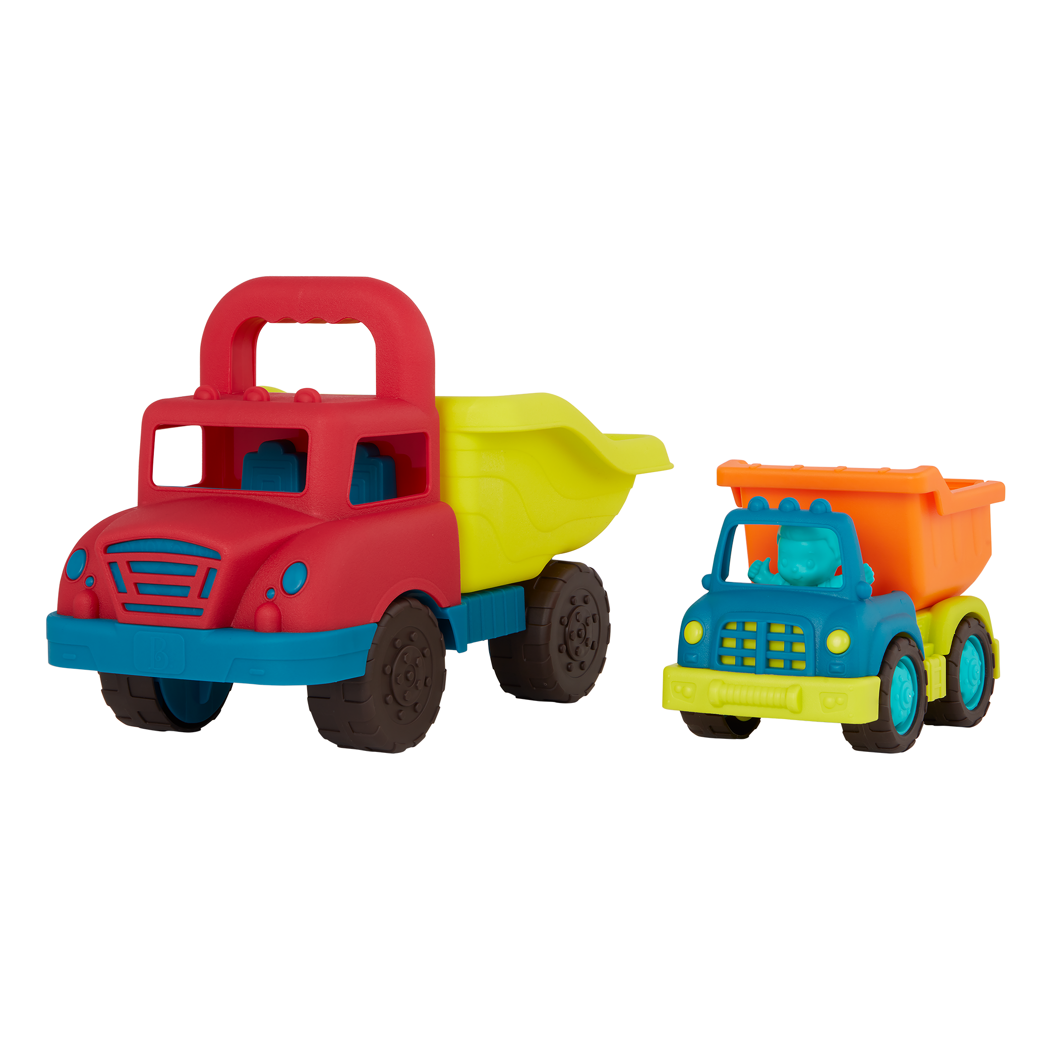 Large toy dump truck and small toy dump truck.