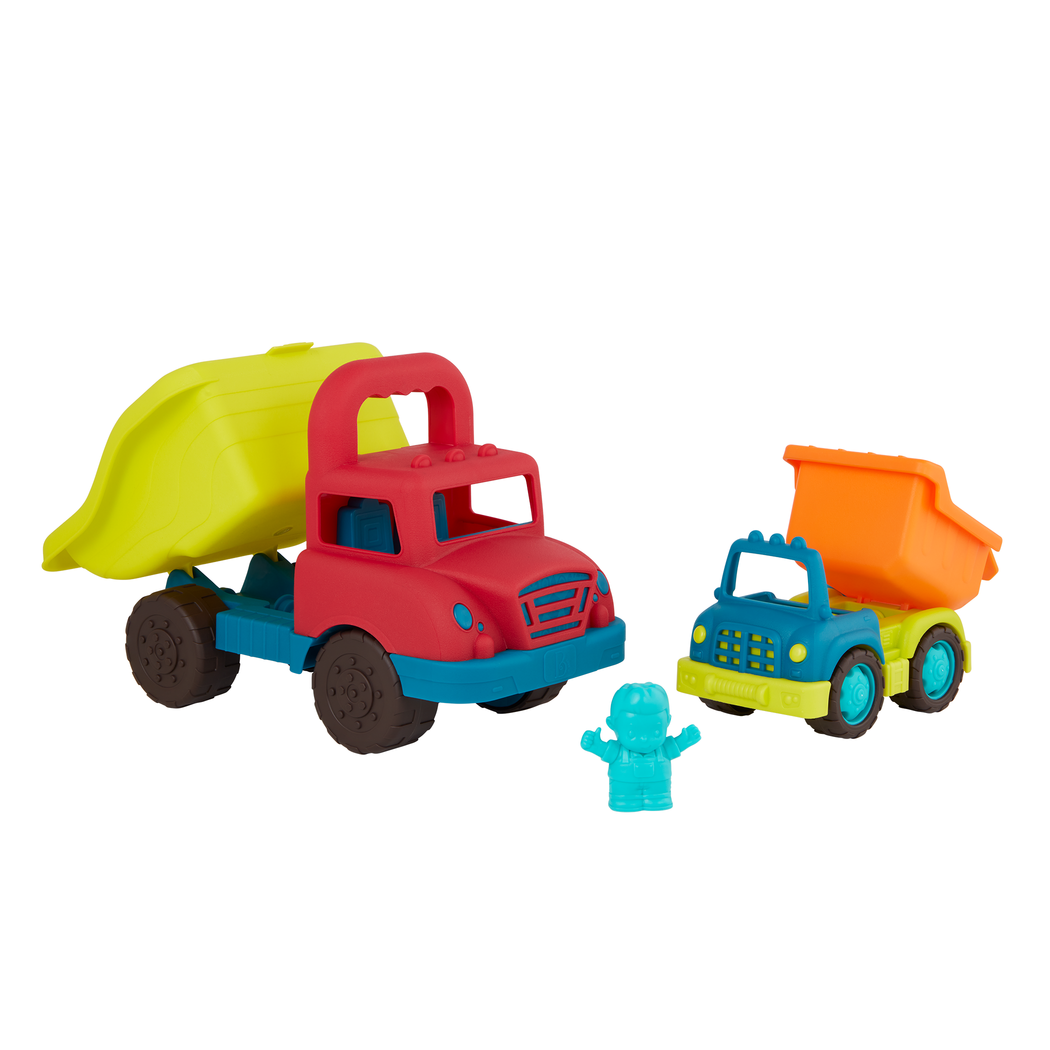 Large toy dump truck and small toy dump truck.