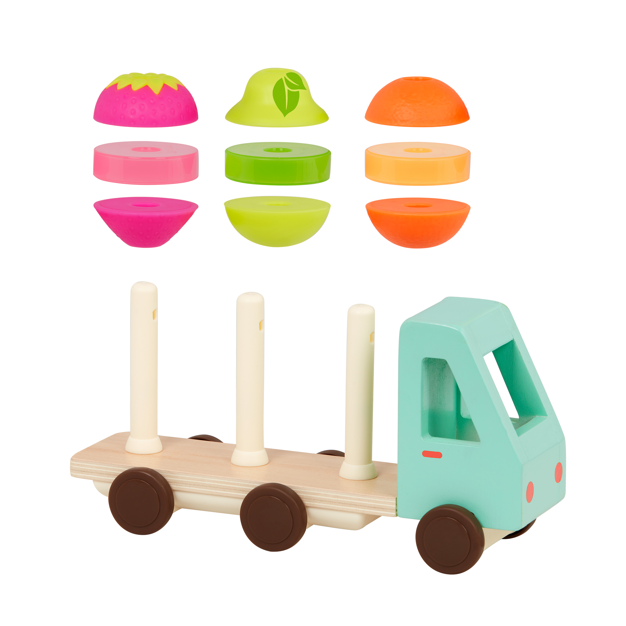 Toy truck with stackable fruits.