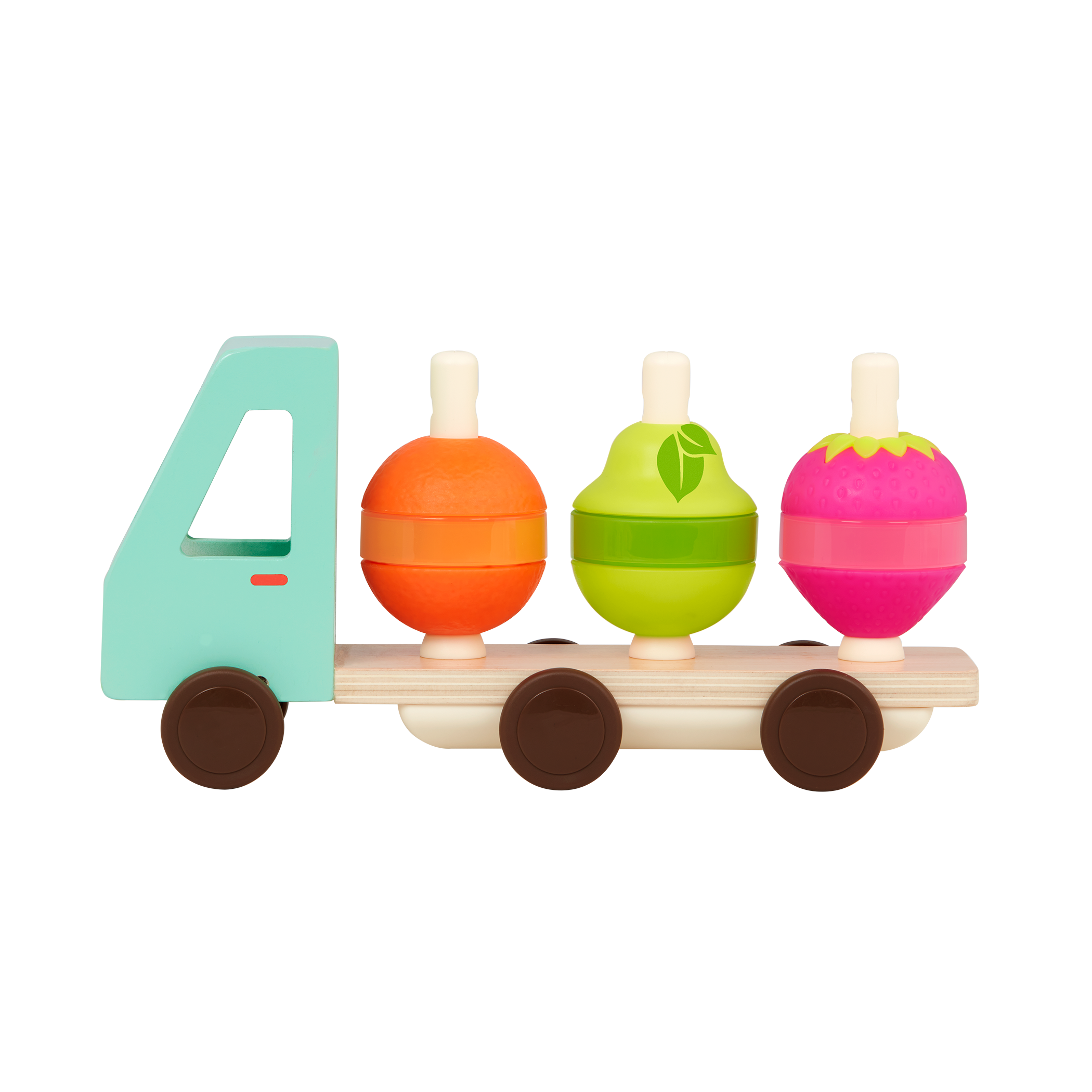 Toy truck with stackable fruits.