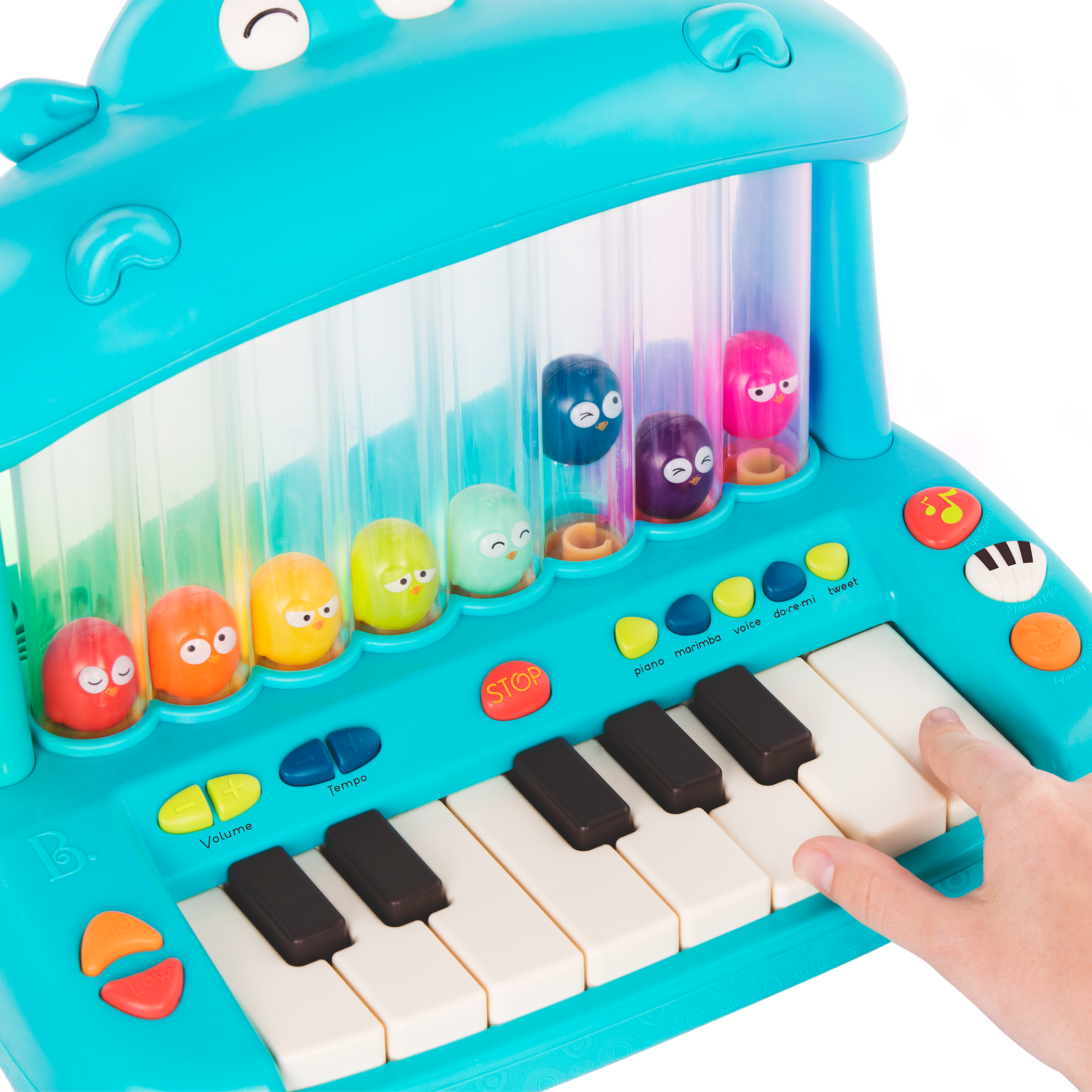 Hippo-shaped play piano for kids with 8 colorful birds.