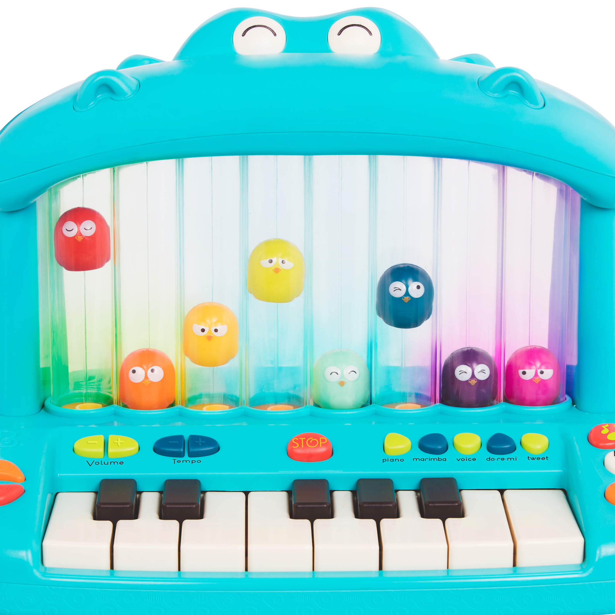 Hippo-shaped play piano for kids with 8 colorful birds.