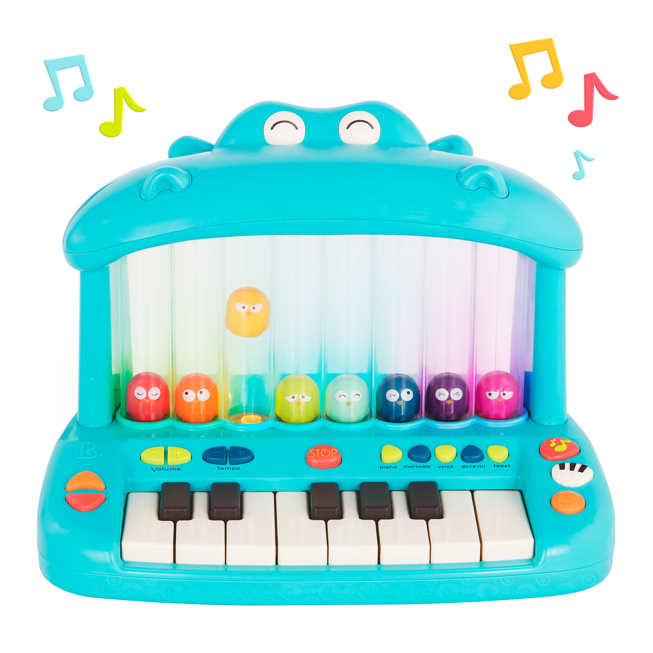 Hippo-shaped play piano for kids with 8 colorful birds.