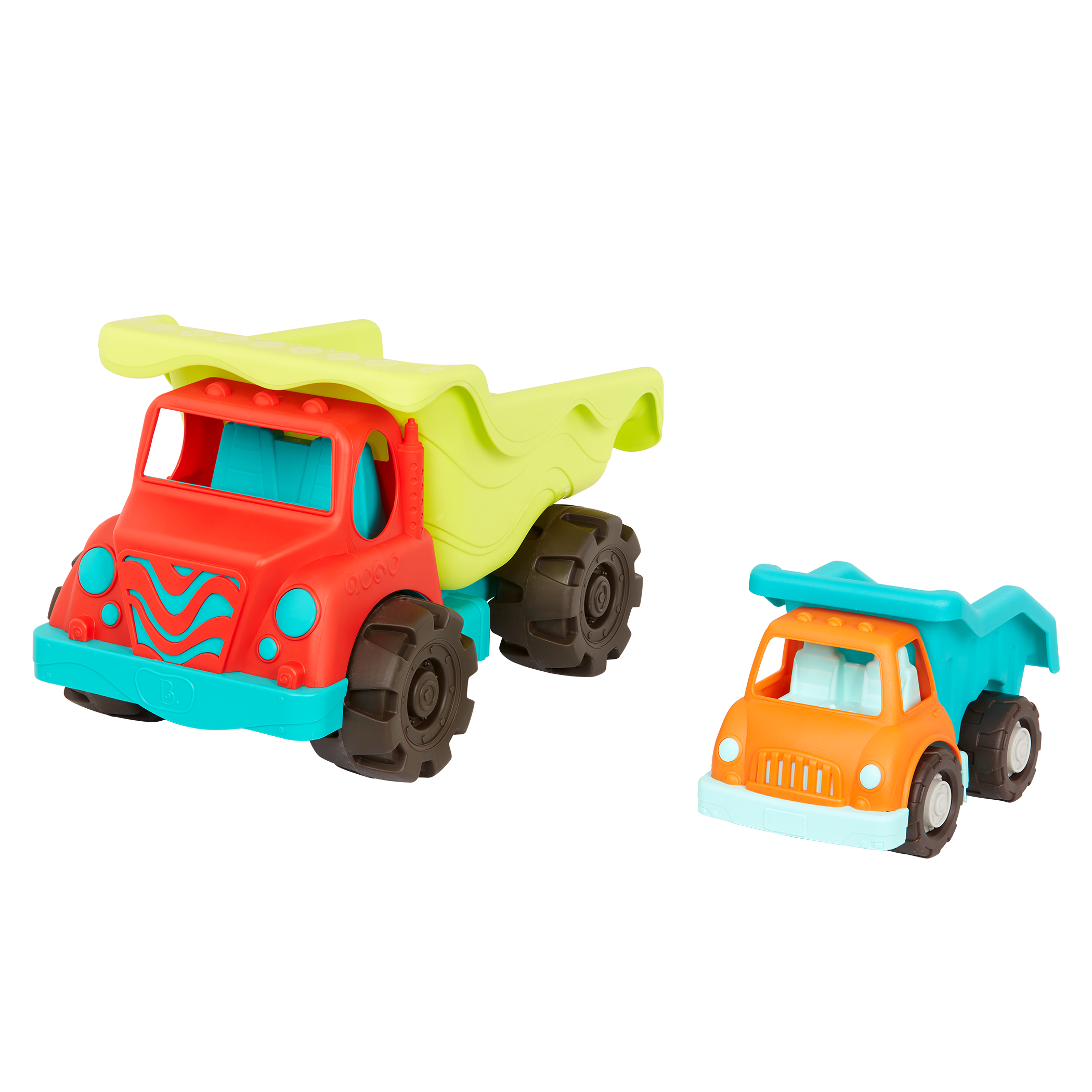 Toy dump trucks.